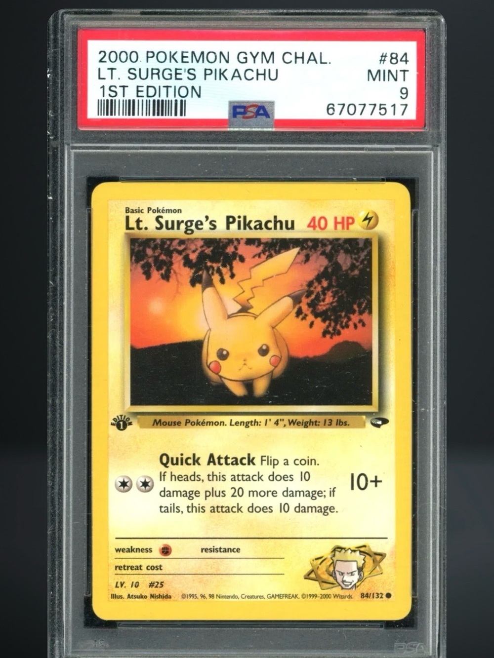 EXTREMELY RARE 2000 First Edition PSA 9 Lt. Surge’s Pikachu